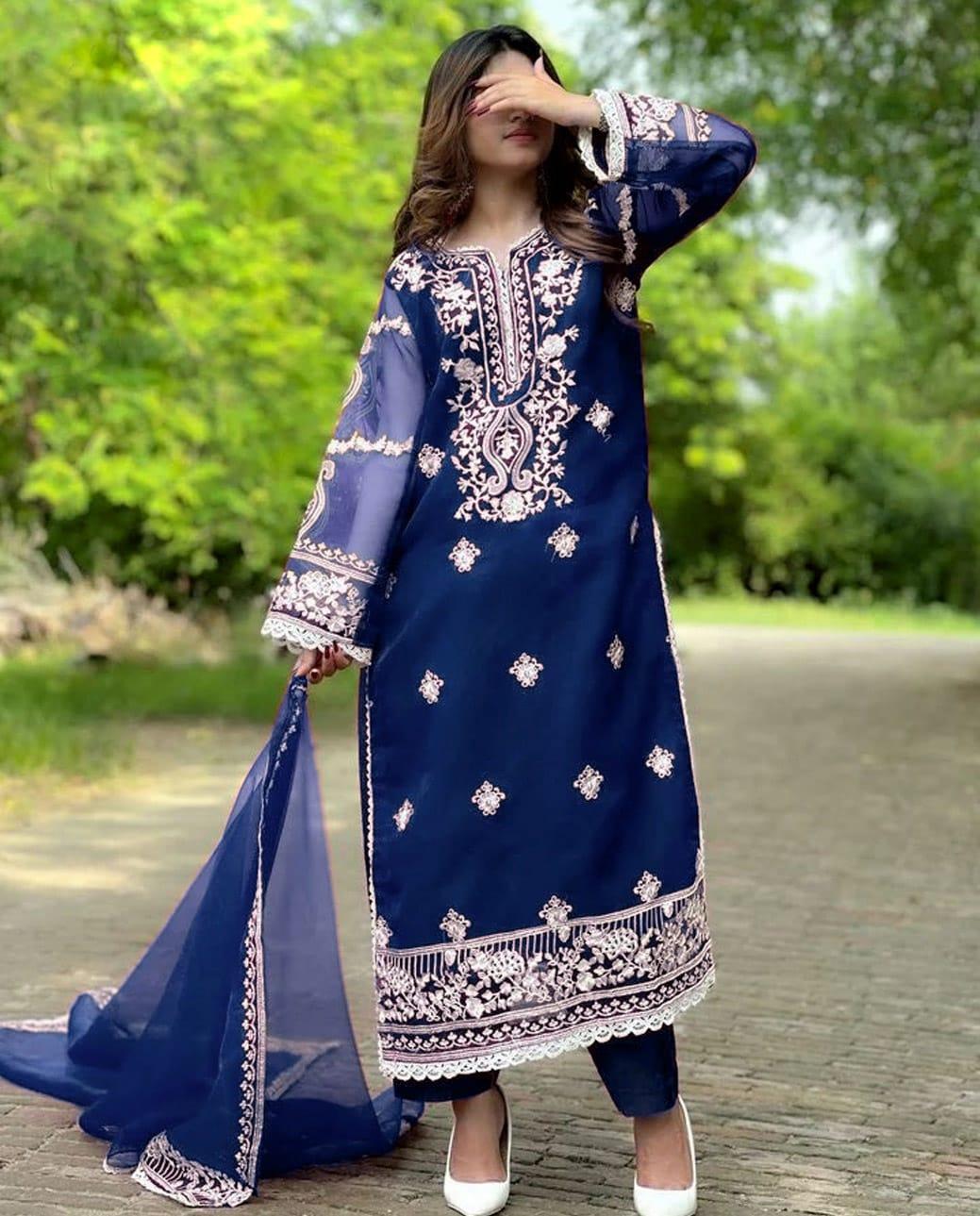 Embroidere Organza Suit Set For Women - 3 pcs in blue